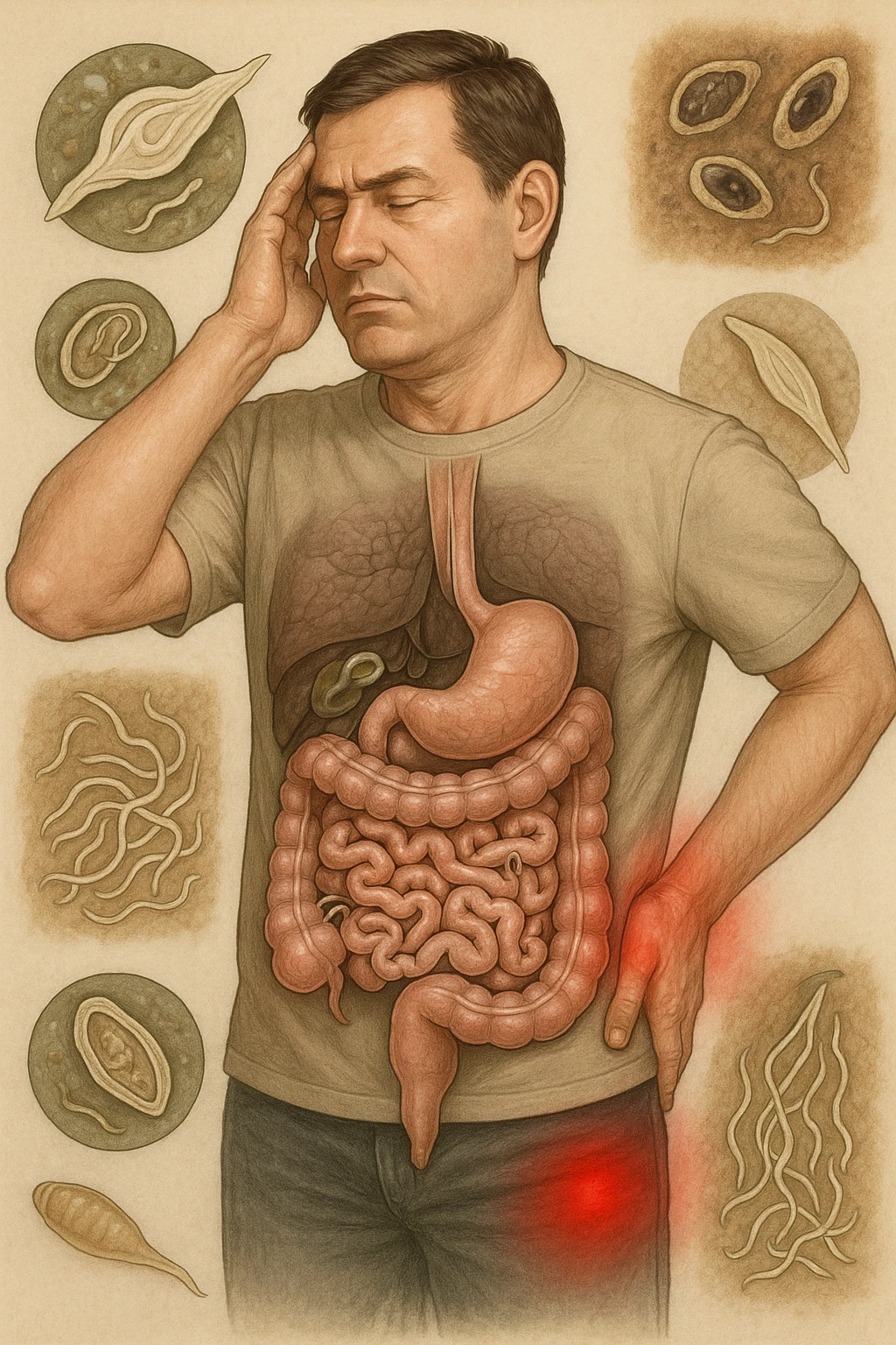 uomo che ignora i suoi un mal di testa, mal di schiena e dolore articolare e ignora ogni segnale e messaggio che il corpo manda per avvertirlo, ma alla fine dipendono tutto dai parassiti intestinali realistica emoji