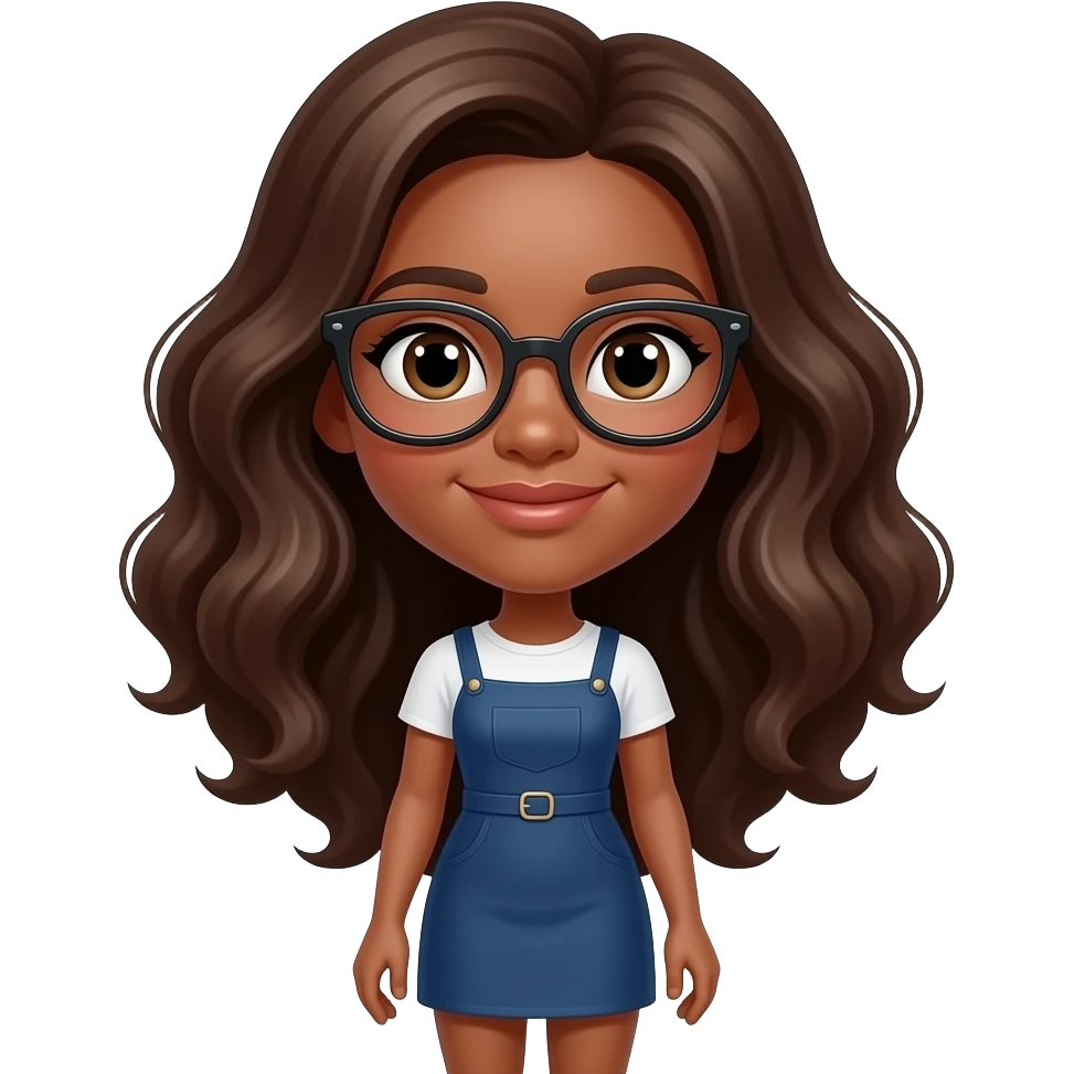 As una niña con pelo ondulado Piel morena Y que tenga un vestido de Mini meos y Lentes emoji