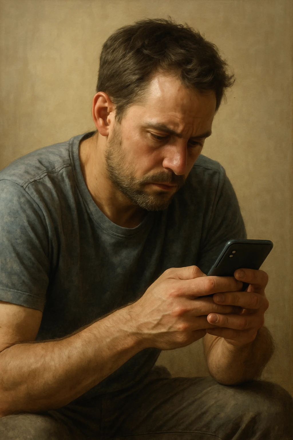 a man hunched over his cell phone, realistic illustration emoji