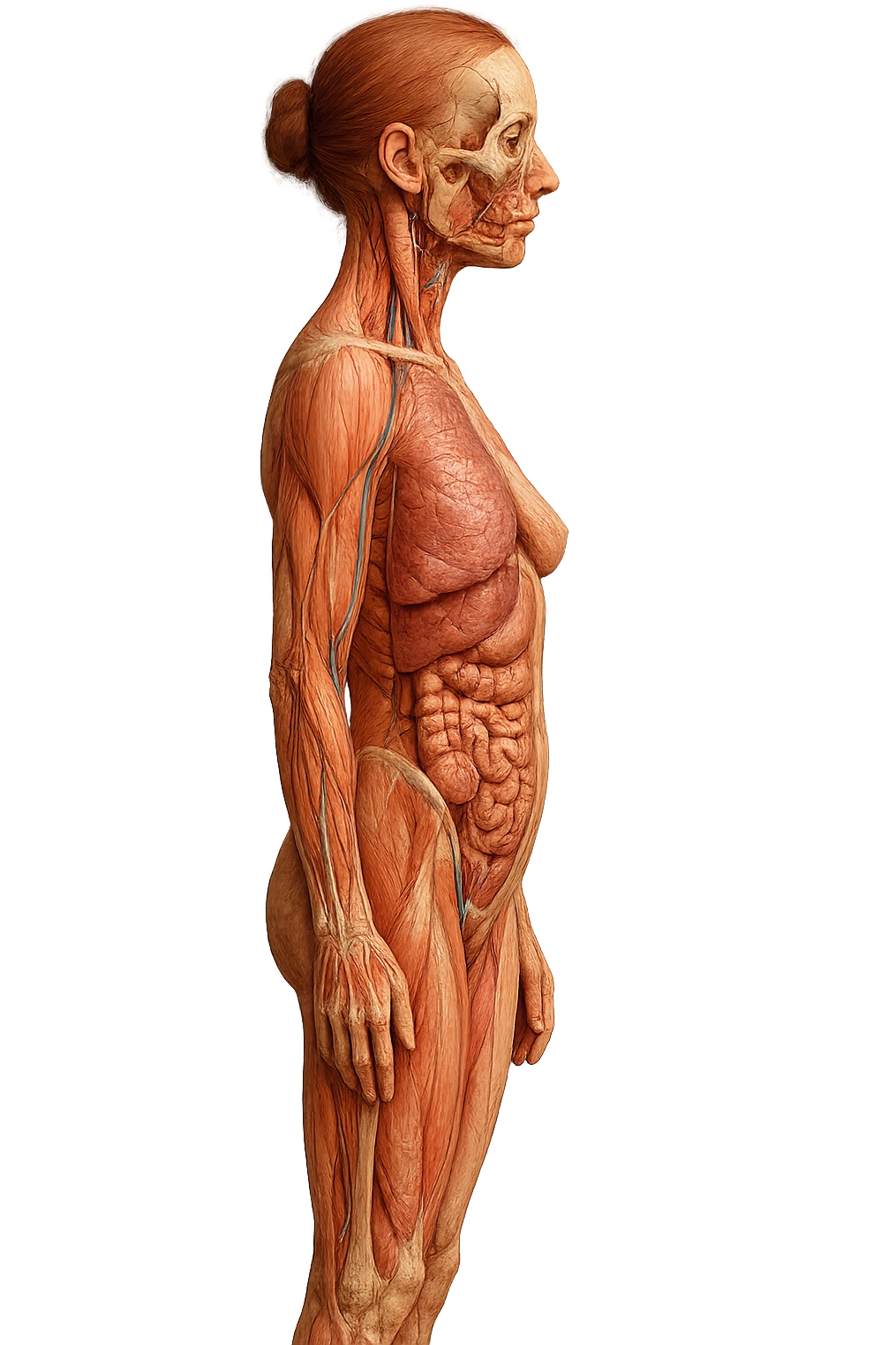 corpo umano anatomico di profilo di una donna con fondoschiena piatto, iperrealistico 4k emoji