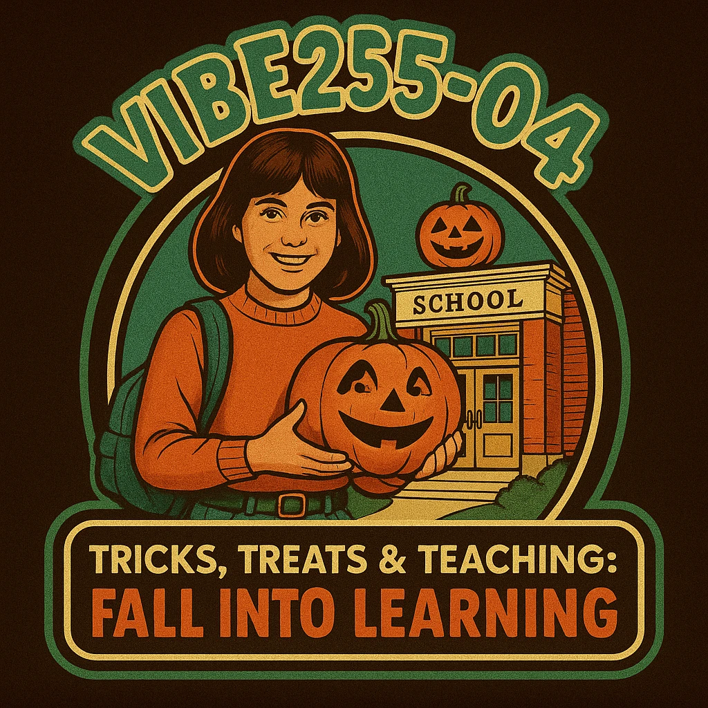 Create a logo that encompasses a retro 80's feel, nostalgic, ALSO RETRO.  Add the words "VIBE25-04: Tricks, Treats & Teaching: Fall Into Learning" emoji