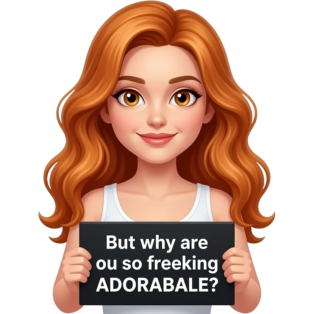 sexy girl with long wavy ginger hair and ginger eyes wearing a white tanktop is holding a black colored sign with But why are ou so freaking ADORABALE? written on it emoji