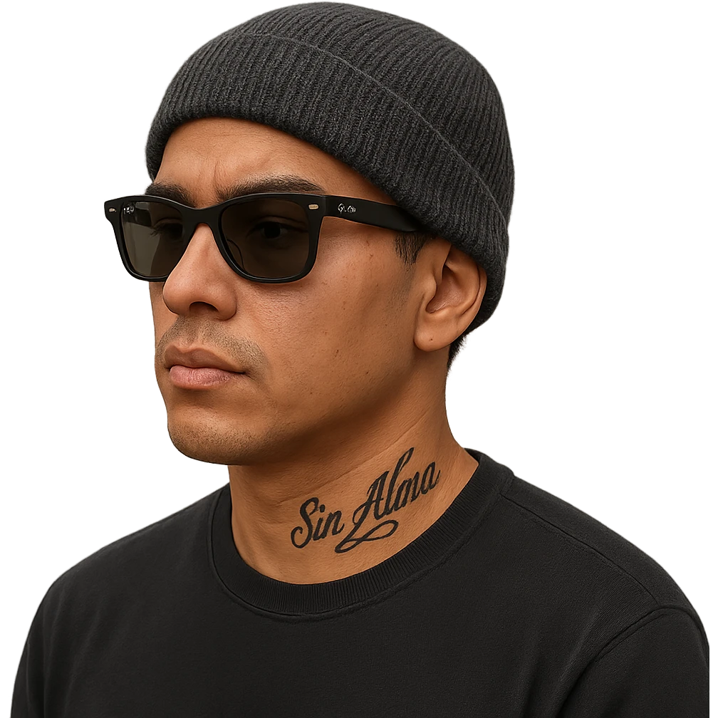 Latino male wearing a beanie and Ray-Bans, black long sleeve shirt, no facial hair, tattoo on neck that says 'Sin Alma', realistic style, no background emoji