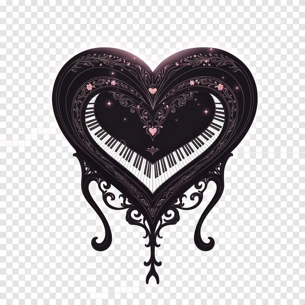 goth heart piano, cute, expressive, minimal, transparent background emoji