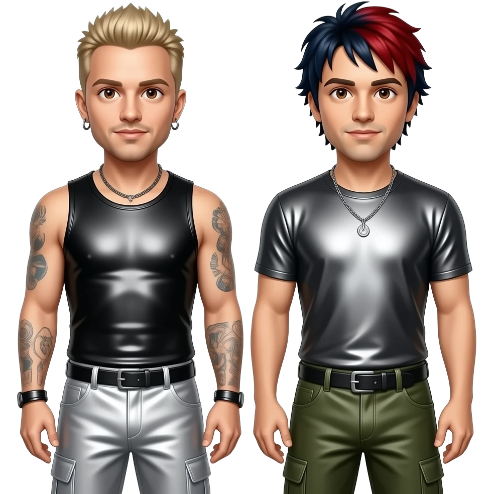 Linkin Park with Chester with brown eyes, blonde hair, black metallic sleeveless shirt, silver baggy pants, Mike with brown eyes, dark indigo and red hair, black metallic t-shirt, olive metallic baggy pants, silver necklace emoji