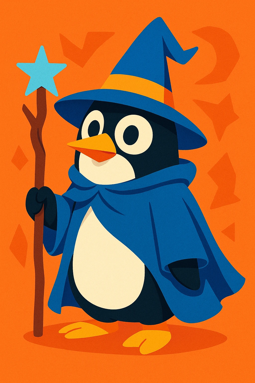 a penguin dressed as a wizard, with a pointed hat and a magic staff, in a fun and whimsical style emoji