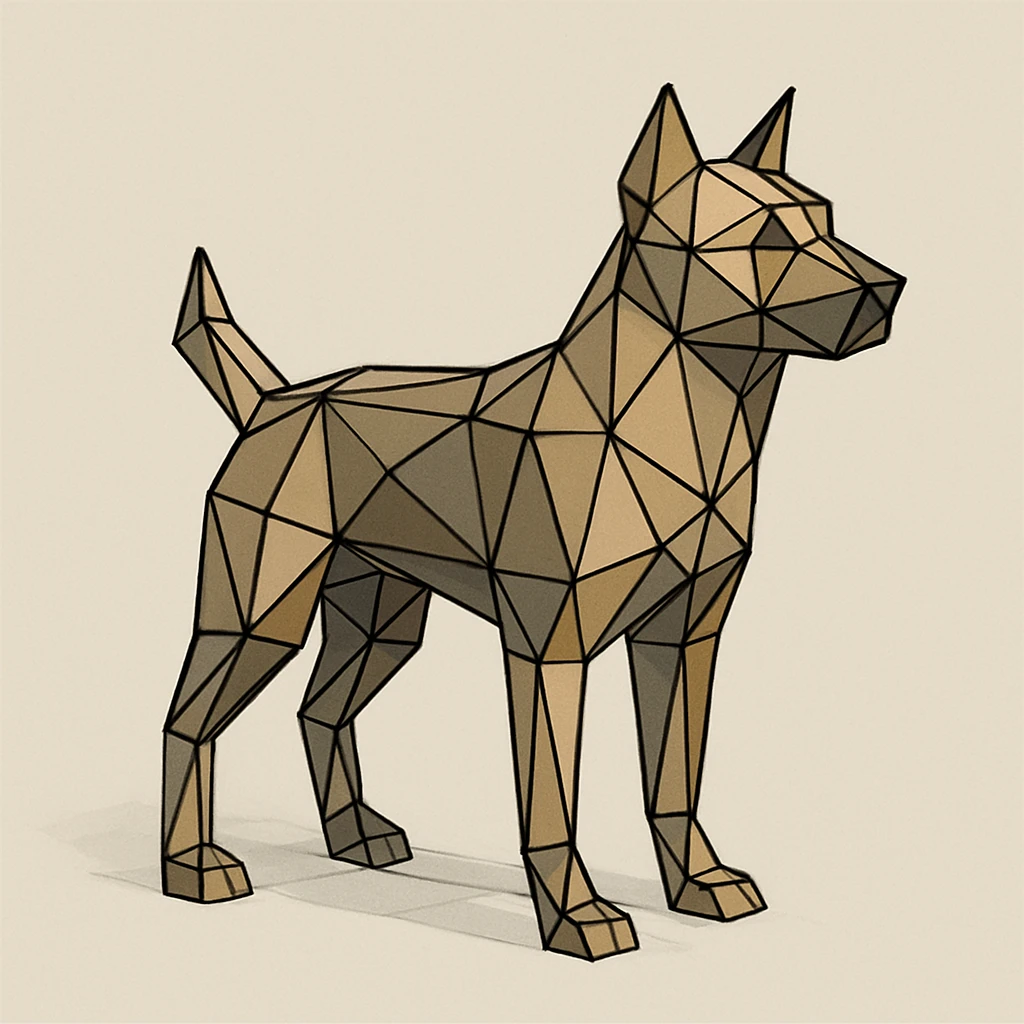 {
  "style_description": {
    "name": "Low Poly Wireframe",
    "overall_look": "Geometric abstraction with visible polygonal mesh edges and a minimal, digital aesthetic",
    "geometry": {
      "shape_type": "triangles and quadrilaterals forming faceted surfaces",
      "structure": "low-resolution polygon meshes with flat faces",
      "edge_visibility": "clear, sharp wireframe outlines around each polygon",
      "dimensionality": "3D-like forms created through flat shading and edge contours"
    },
    "linework": {
      "type": "thin or semi-bold outlines tracing all edges of the mesh",
      "style": "uniform or slightly stylized (e.g., dotted or glowing lines)",
      "color": "typically black, dark gray, or color-matched for contrast"
    },
    "color": {
      "application": "solid flat colors per polygon, without gradients",
      "palette_type": "limited, often monochromatic or with tonal variation per face",
      "highlighting": "minimal shading to emphasize surface depth without realism"
    },
    "lighting": {
      "approach": "ambient or directional lighting used sparingly to add dimension",
      "avoid": ["soft shadows", "complex reflections", "photorealism"]
    },
    "background": {
      "style": "plain or gradient backdrop to contrast mesh clarity",
      "consistency": "flat and neutral to preserve focus on wireframe structure"
    },
    "render_constraints": {
      "avoid": ["smooth surfaces", "rounded curves", "realistic textures"],
      "focus_on": ["polygon edges", "angular forms", "mesh clarity"]
    },
    "subject_treatment": {
      "representation": "simplified, stylized forms with clear geometry",
      "emphasis": "structure, volume through form and edge"
    }
  }
}

{subject} = dog emoji