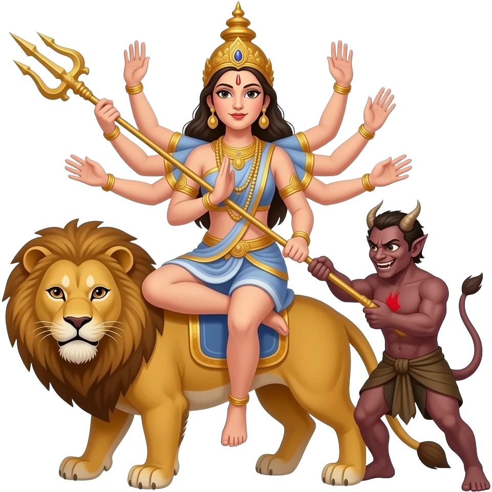 Create an emoji of a goddess with ten hands standing with one leg on a lion's back and another leg on a brownish demon and the goddess is stabbing him in his chest with a trident with her two front arms emoji