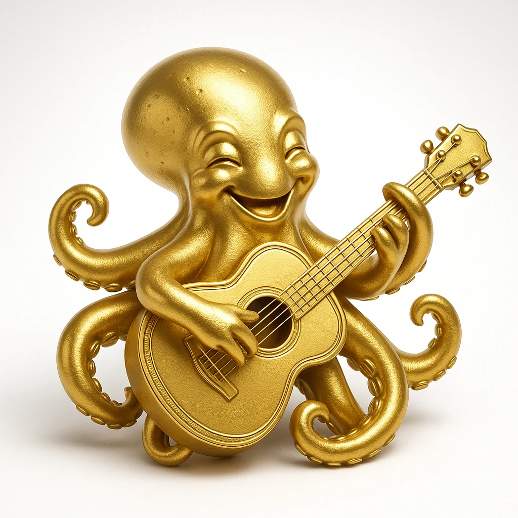 happy octopus with multiple arms playing guitar emoji