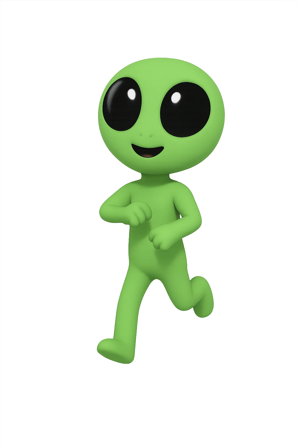 Create a neon green alien dancing, almost identical to the reference image, with minimal changes in the positions of arms and legs, looking straight ahead. This is frame 3 of an animation. PNG format with transparent background. emoji