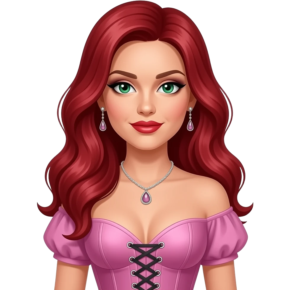 Carmit Bachar from The Pussycat Dolls with green eyes, long red hair, black eyeshadow, red lipstick, pink and purple off corset dress, necklace and earrings emoji