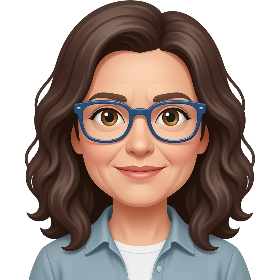 woman in her late 40s, peachy white skin, light brown eyes, greying dark brown long curly hair, blue glasses emoji