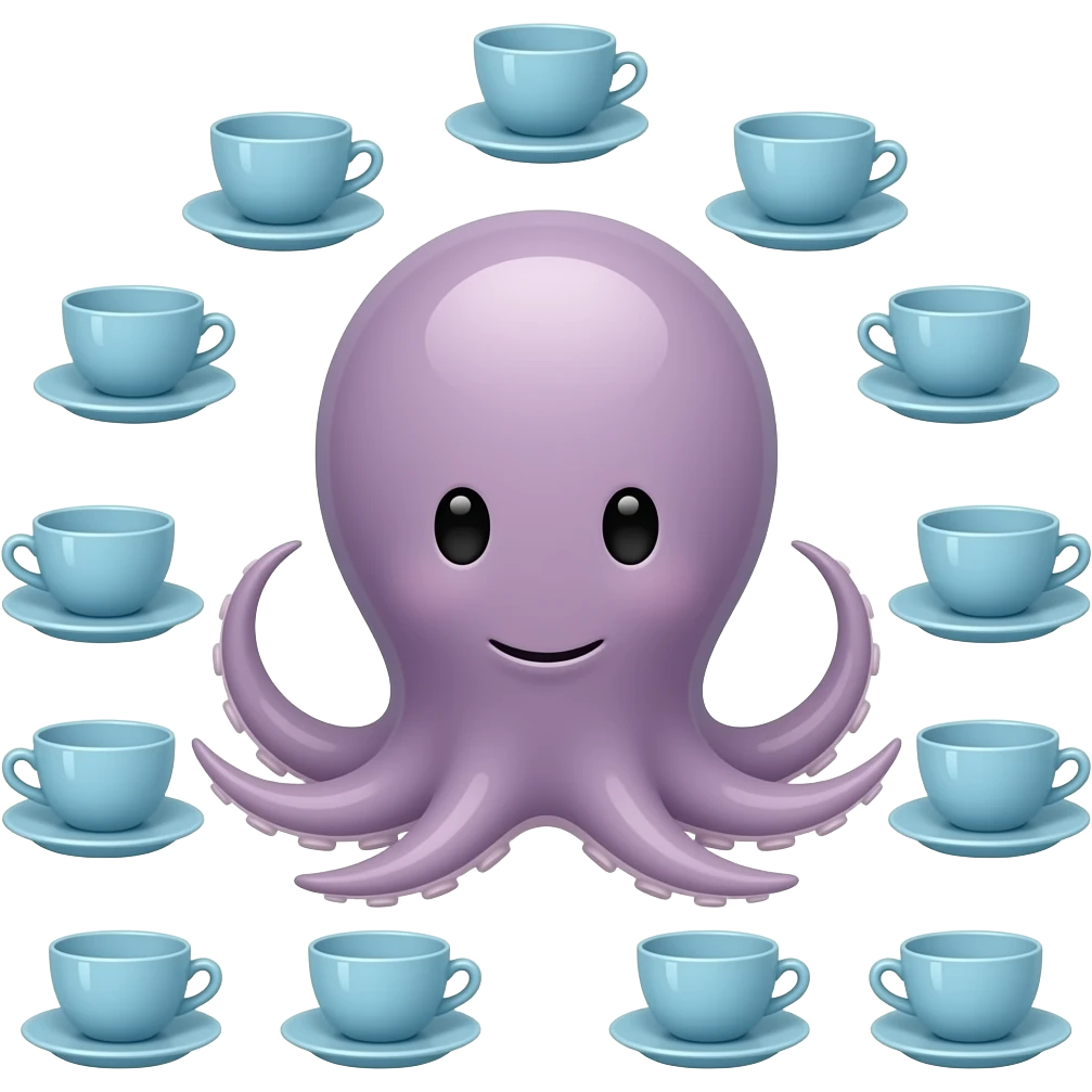 octopus with blue teacup set with identical arrangement, calm expression, rounded silhouette. emoji