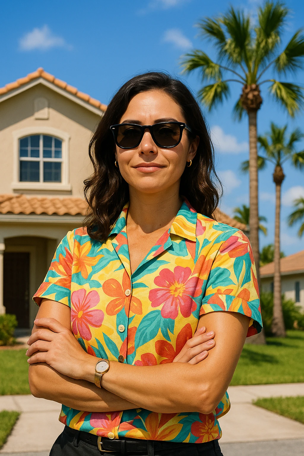 female real estate agent with sunglasses, summer vacation style, colorful shirt, confident expression, sunny background emoji