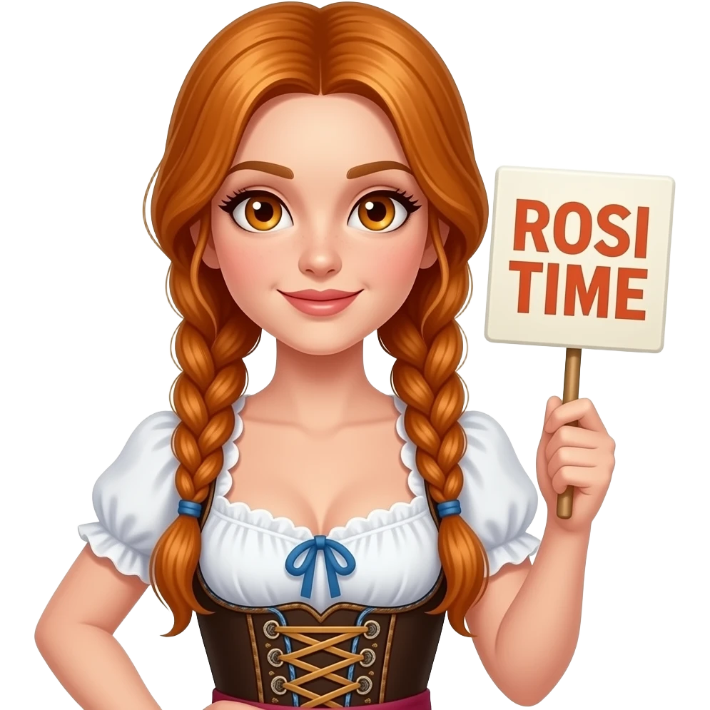 sexy girl with overlong ginger hair in braids and ginger eyes wearing a dirndl holding a ROSI TIME sign emoji