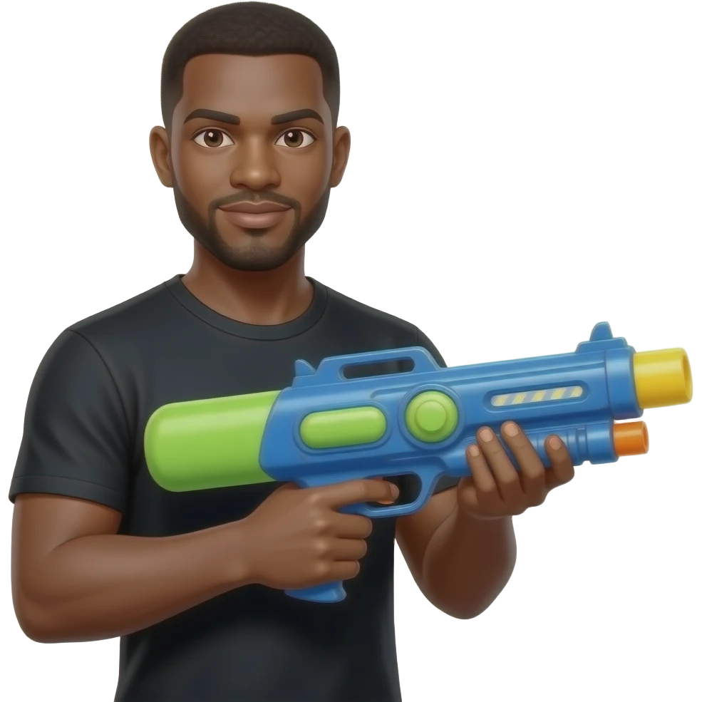 Make him appear to be African-American in all black, but make him holding a water gun emoji