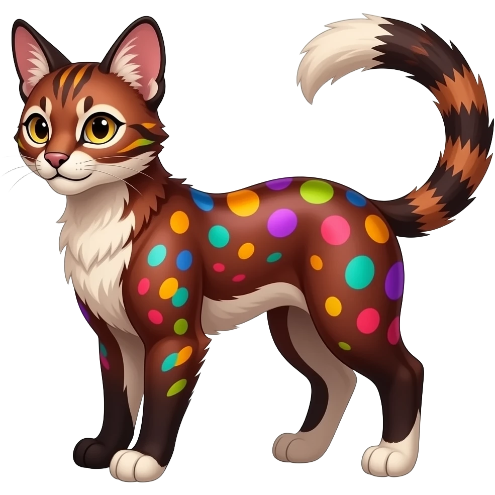 Vibrant-colored red-dark-brownish-furred colorful painted marked patterned Asian glorious divine exotic cute cool beautiful shiny beautiful fantasy-caracal-civet-genet-sergal-vernid-Cacomistle-oncilla-animal-Fakémon-hybrid-fursona (full body) emoji