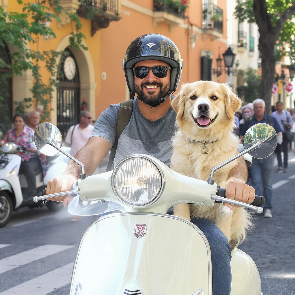 man and his pet dog riding a vespa emoji