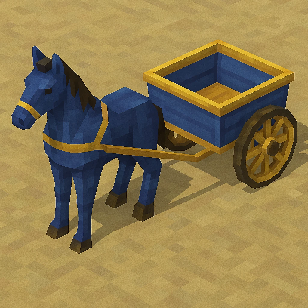 Isometric horse and cart with color variation: blue and gold, keep original style low poly 3d. emoji