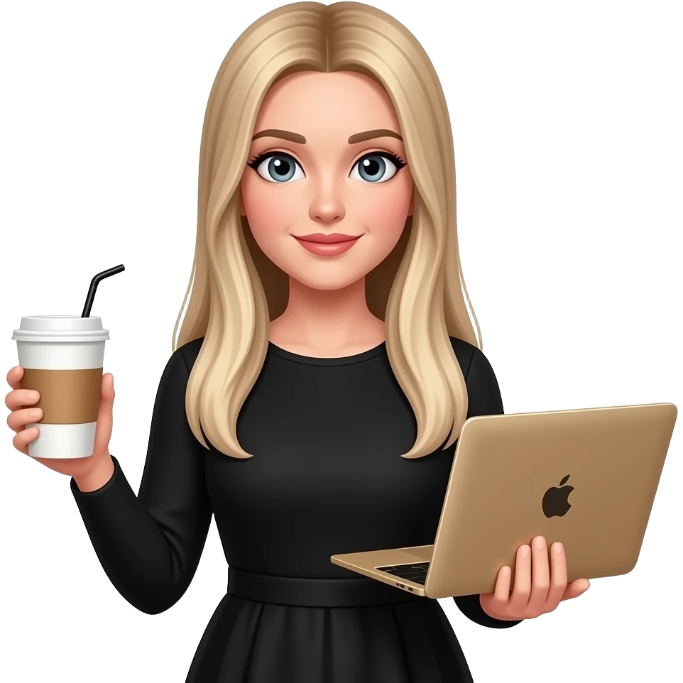 grey eyes woman, In long sleeves black dress, with extreme long very straight blond hair with light ombré hair with late art coffee and MacBook gold in other hands emoji