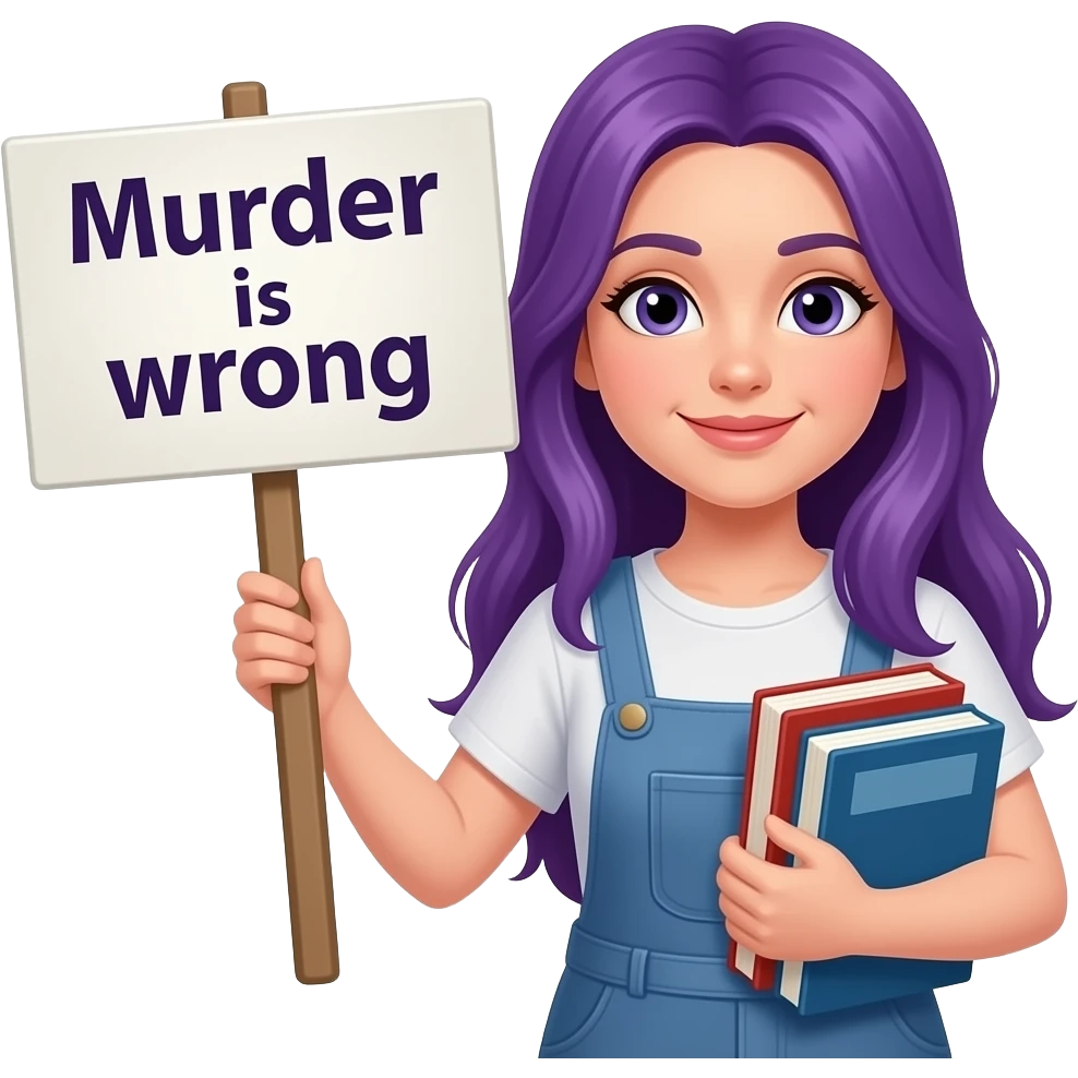 girl with long purple hair with a BOOKS because MURDER is wrong sign emoji