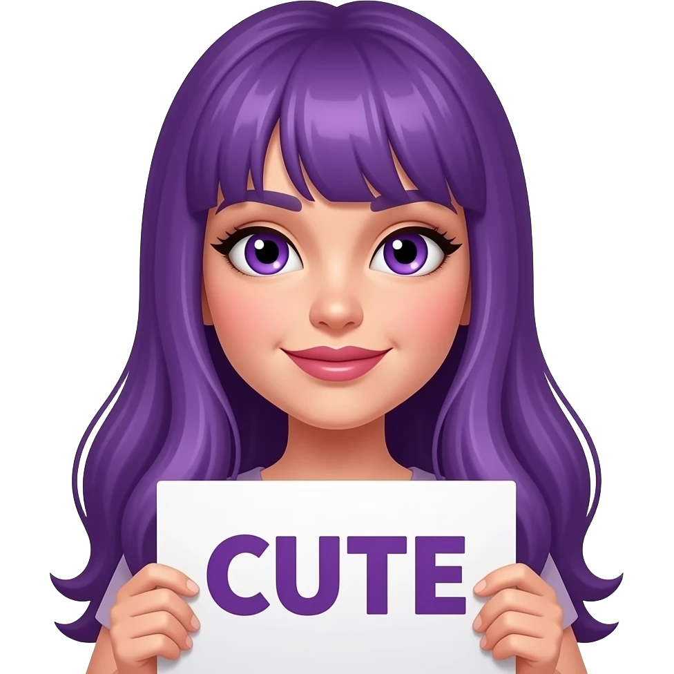 sexy girl with long purple hair and purple eyes holding a CUTE but KINKY sign emoji