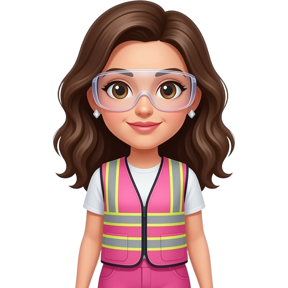 White women with brown eyes with shoulder length wavy hair wearing diamond earrings wearing pink and clear safety glasses wearing a pink construction vest wearing pinkpants emoji