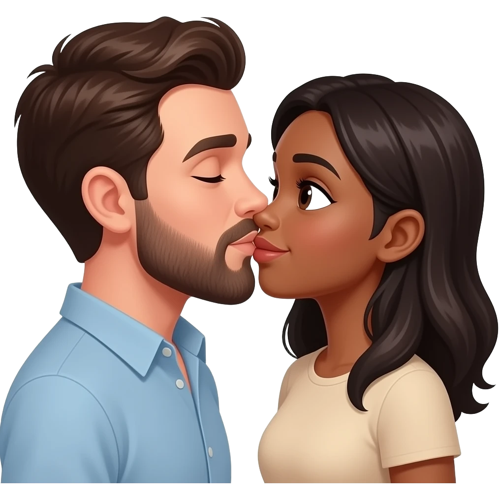 White man with dark brown hair and beard kissing a black woman emoji