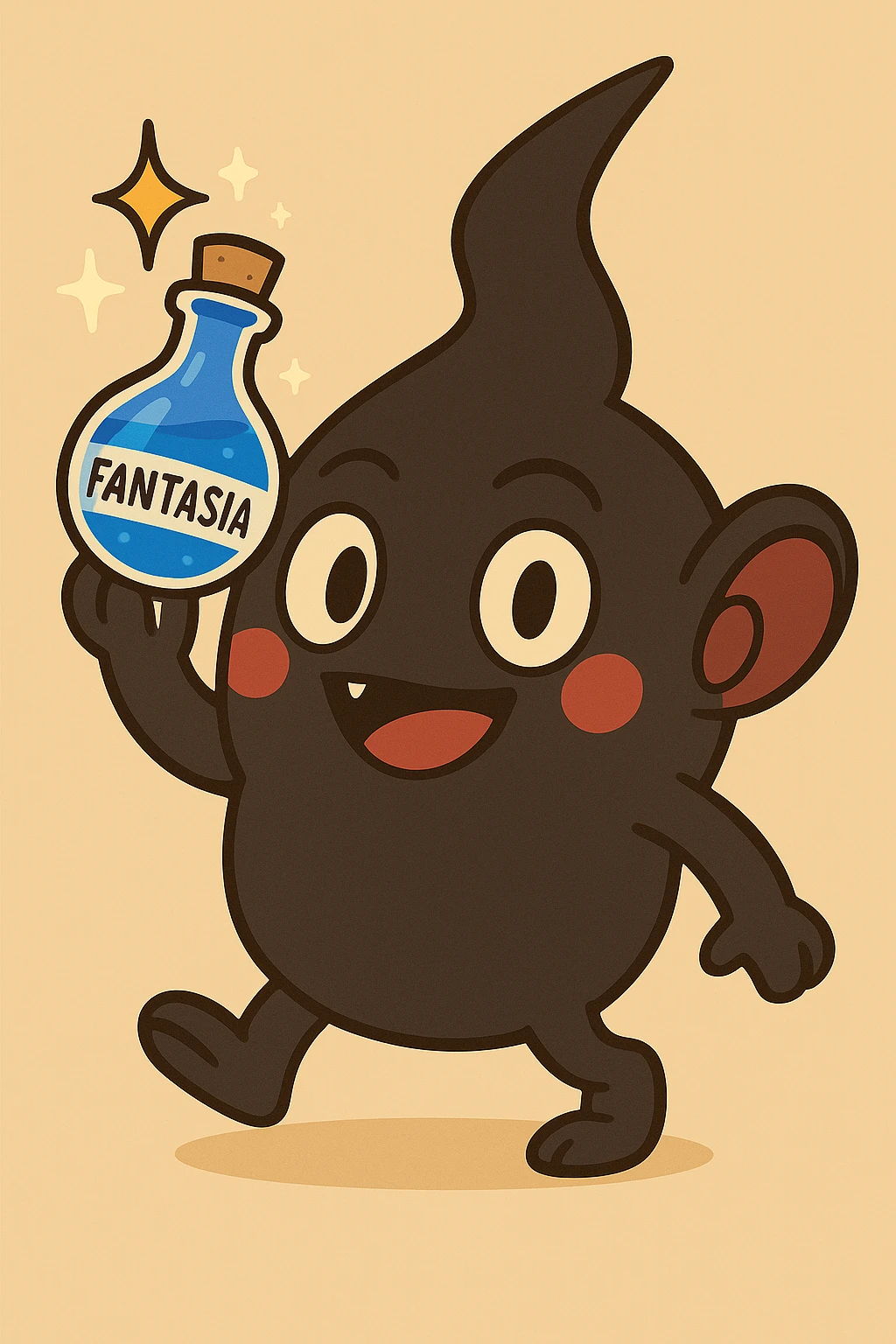 Change the liquid in the fantasia bottle to a vibrant blue, keeping the cartoonish, playful style and all other details the same. emoji