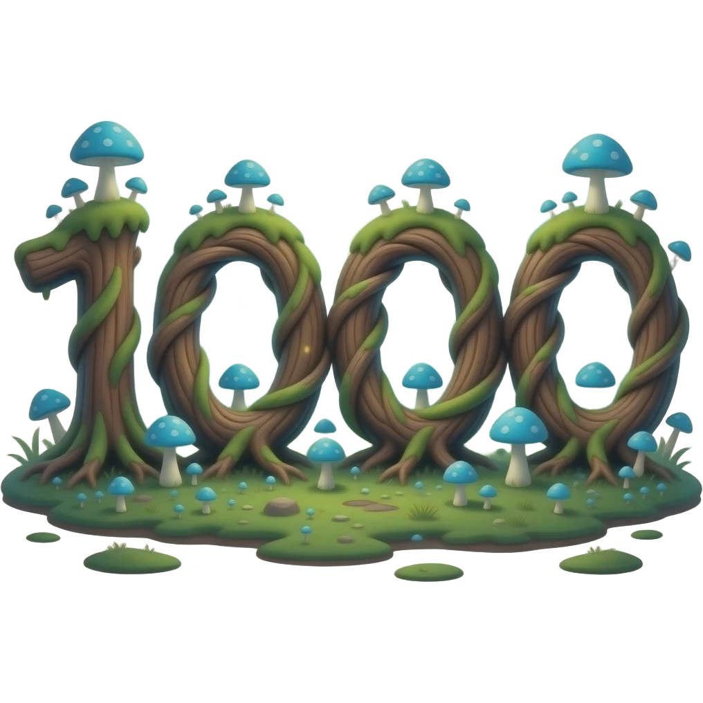 Magical letter '1000' formed from twisting ancient tree roots, overgrown with tiny neon-blue mushrooms and bioluminescent moss. Soft fireflies orbiting the letter, enchanted forest atmosphere, macro photography style emoji
