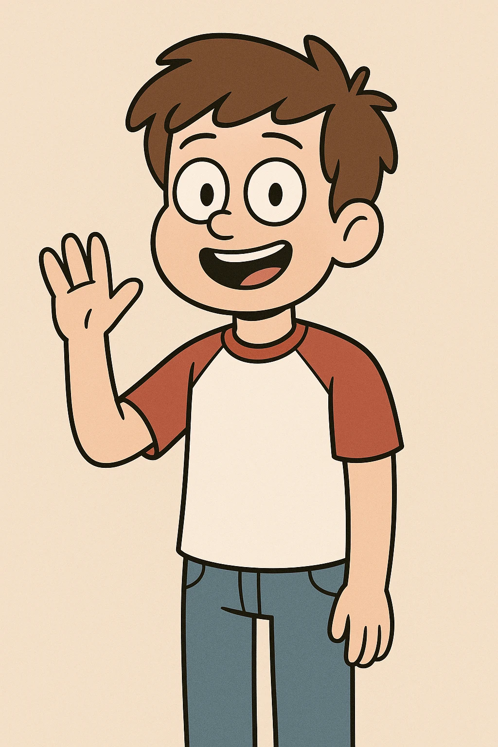 A boy brown hair black eyes red white shirt blueblue jeans a hand hello  emoji