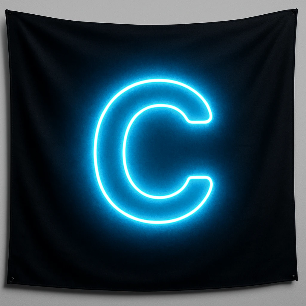 a flag with a neon letter C, glowing effect, dark background emoji