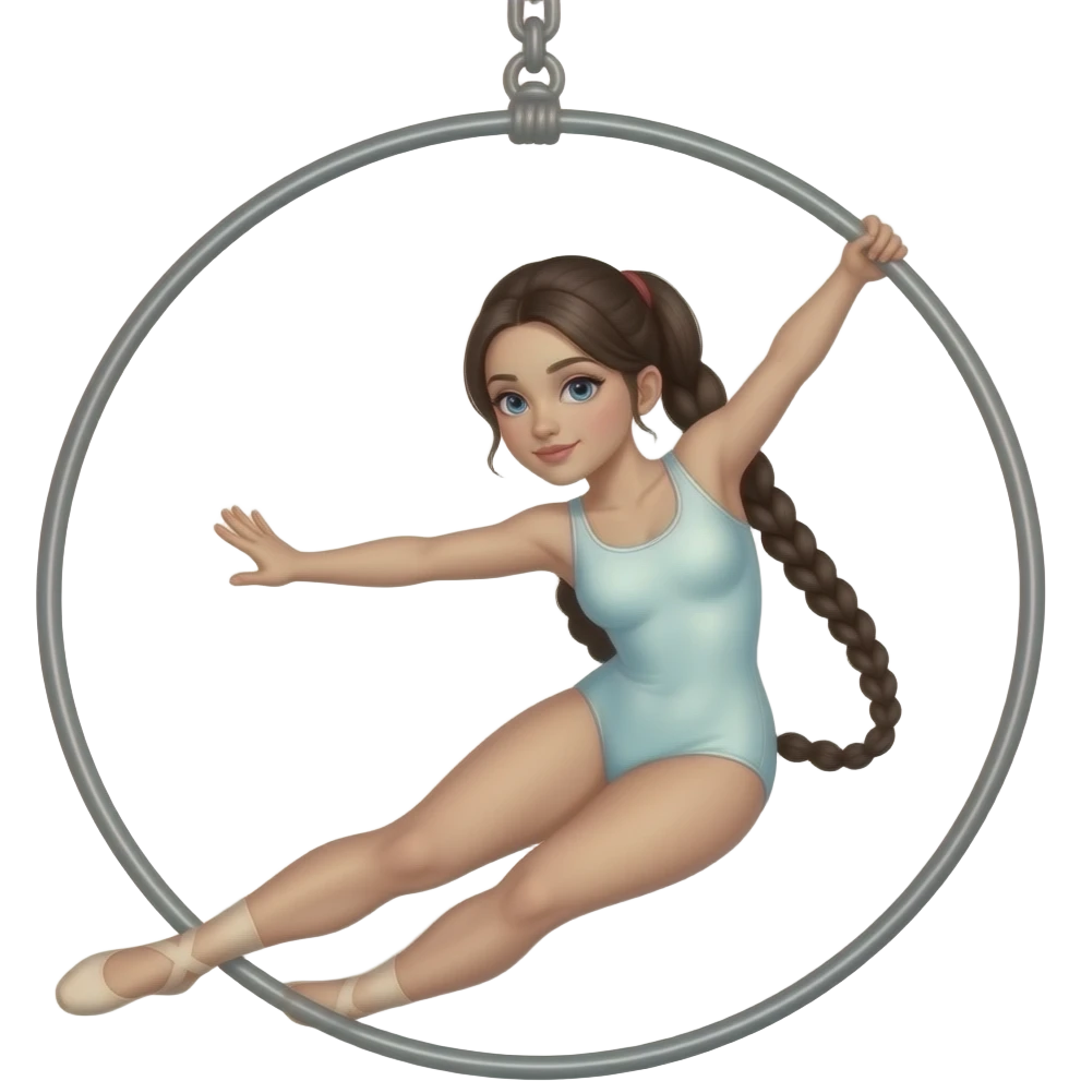crea un emoji di una ragazza mora con la pelle chiara che fa danza aerea sul cerchio aereo con una tuta stretta emoji