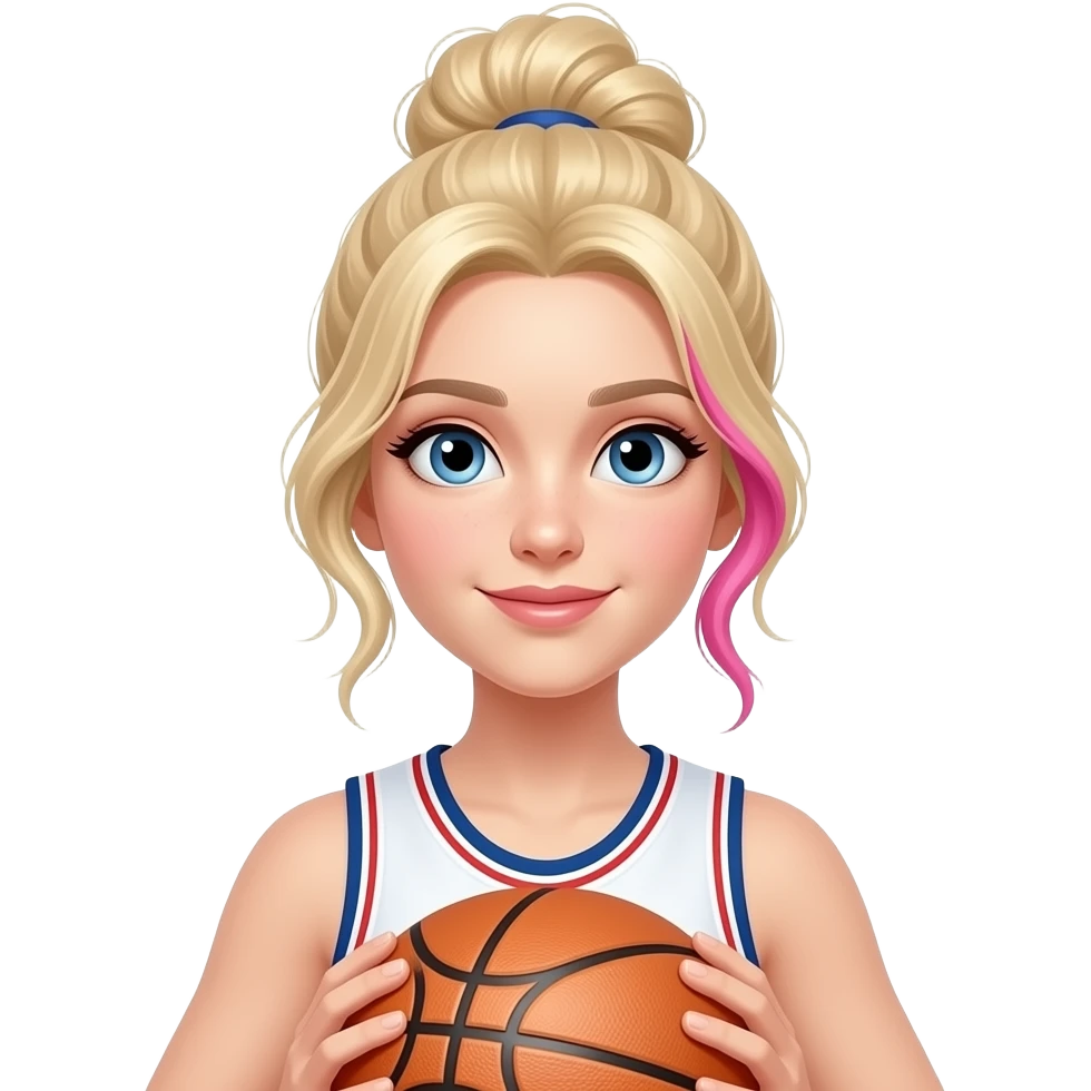 Make a blonde haired white girl have hot pink sides of her hair and make her shirt a basketball jersey and make her hold a basketball and make her hair in a messy bun and make the pink sides actually highlights of her hair still pink not fully emoji