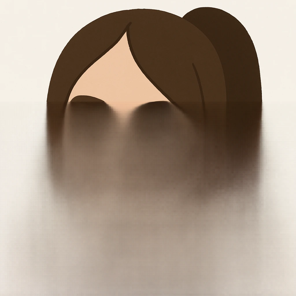 Create a soft cartoon face of Billie Eilish's head with simple features, in the style of the reference image. Use brown hair. No background. emoji