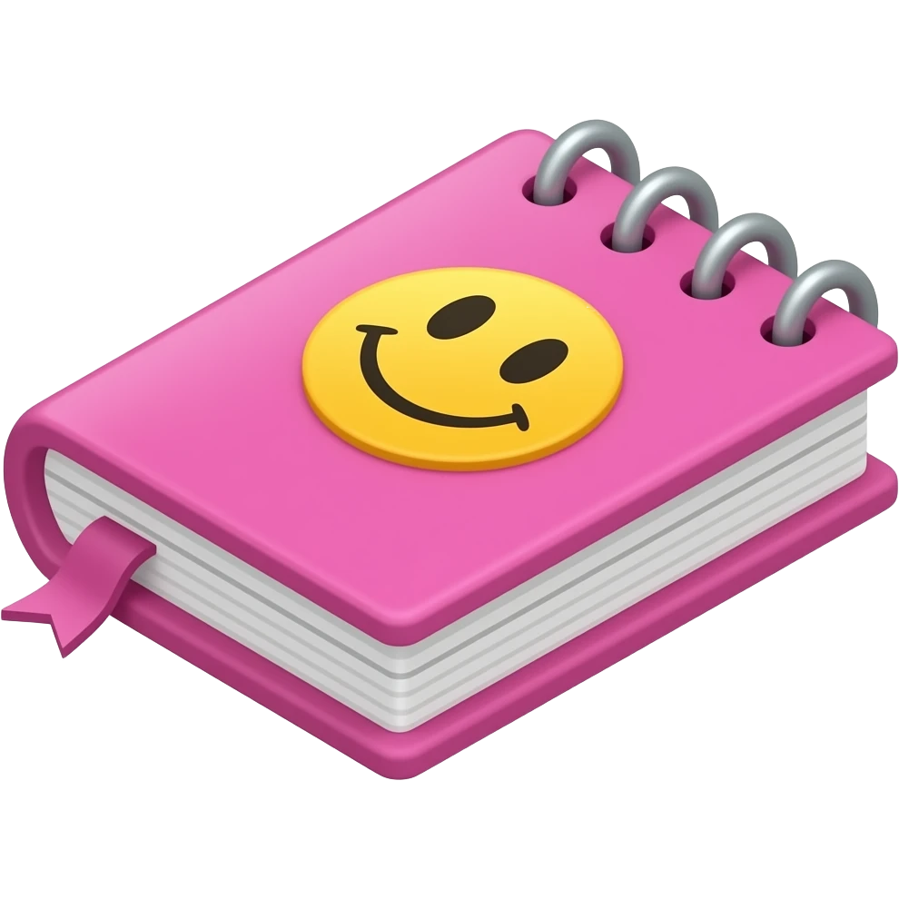 libreta de anillos rosada em perspectiva isométrica com adesivo de carita feliz amarilla,emoji emojis.com emogi emogji emoni emoji