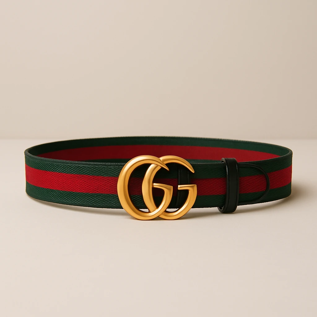Change the belt band to green, black, and red stripes, keep the gold GG buckle and luxury look, maintaining a high-end fashion style. emoji