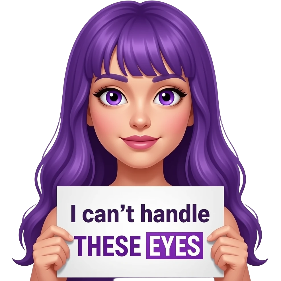 sexy girl with long purple hair and purple eyes holding a I can't handle THESE EYES sign emoji