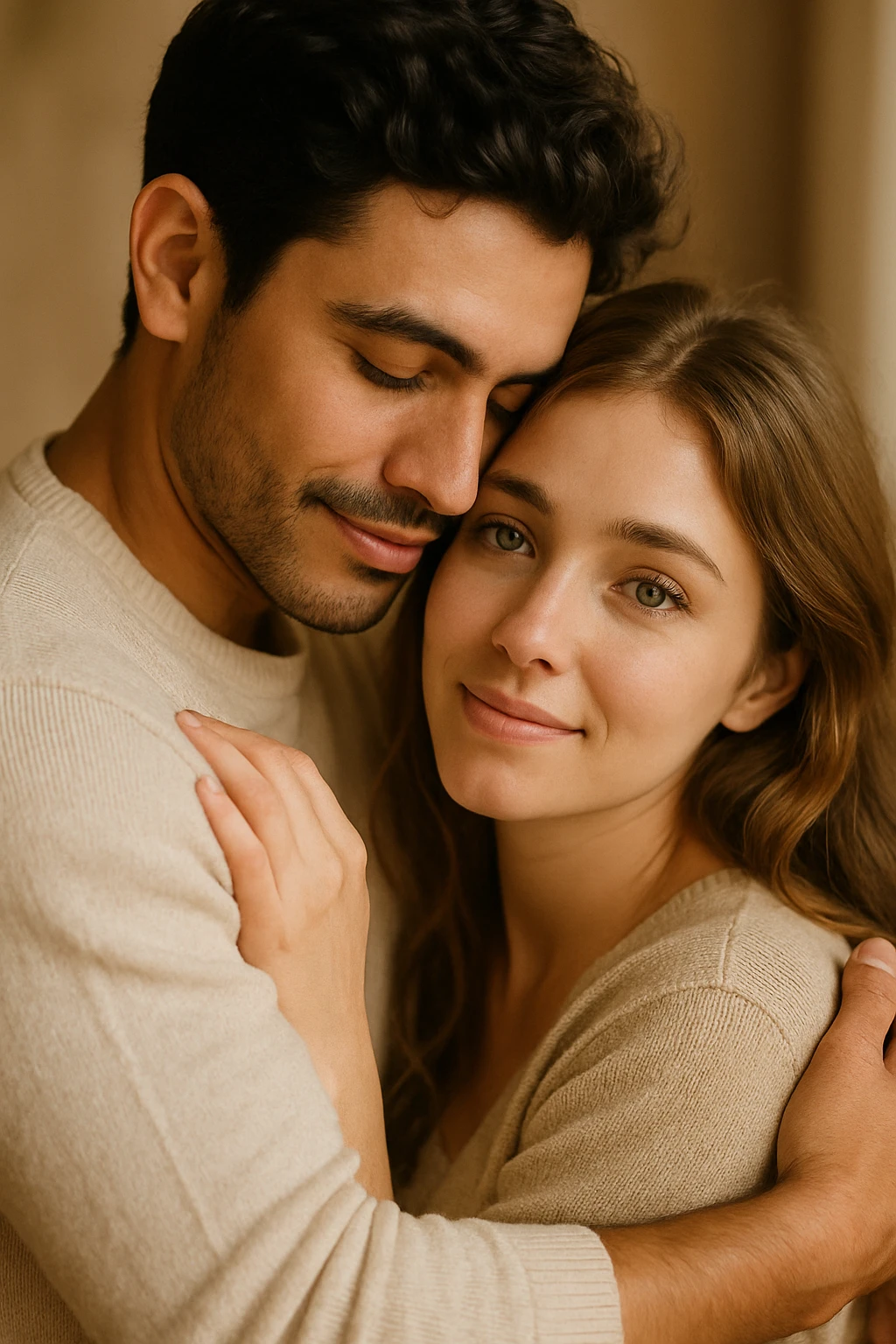 romantic hug, Latin male with dark hair, female with green eyes, gentle and loving atmosphere, warm and affectionate scene emoji