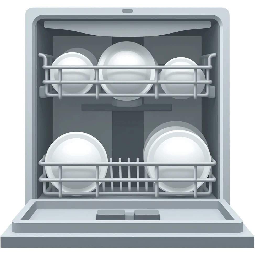 An extremely flat and simplified open dishwasher is facing forward. emoji