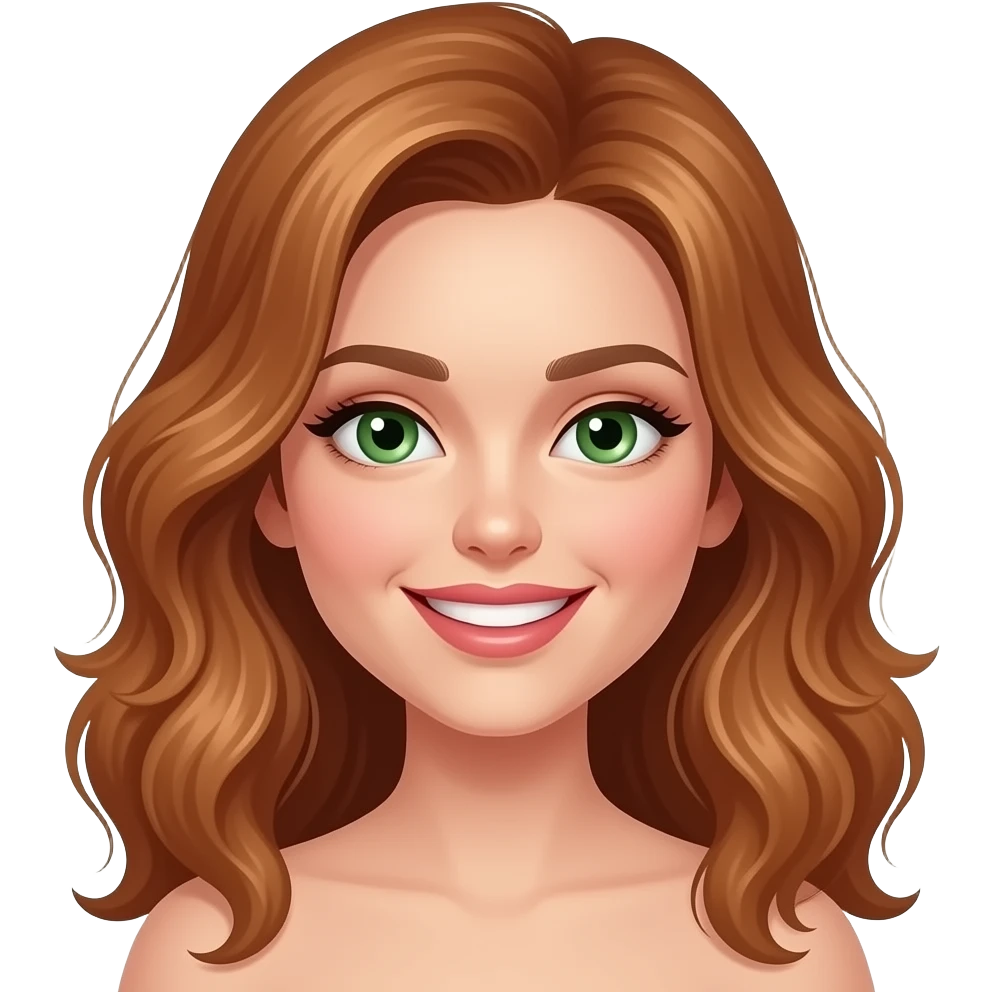 jeune femme rousse, yeux verts, cheveux ondulés, grand sourire, maquillage, botox emoji