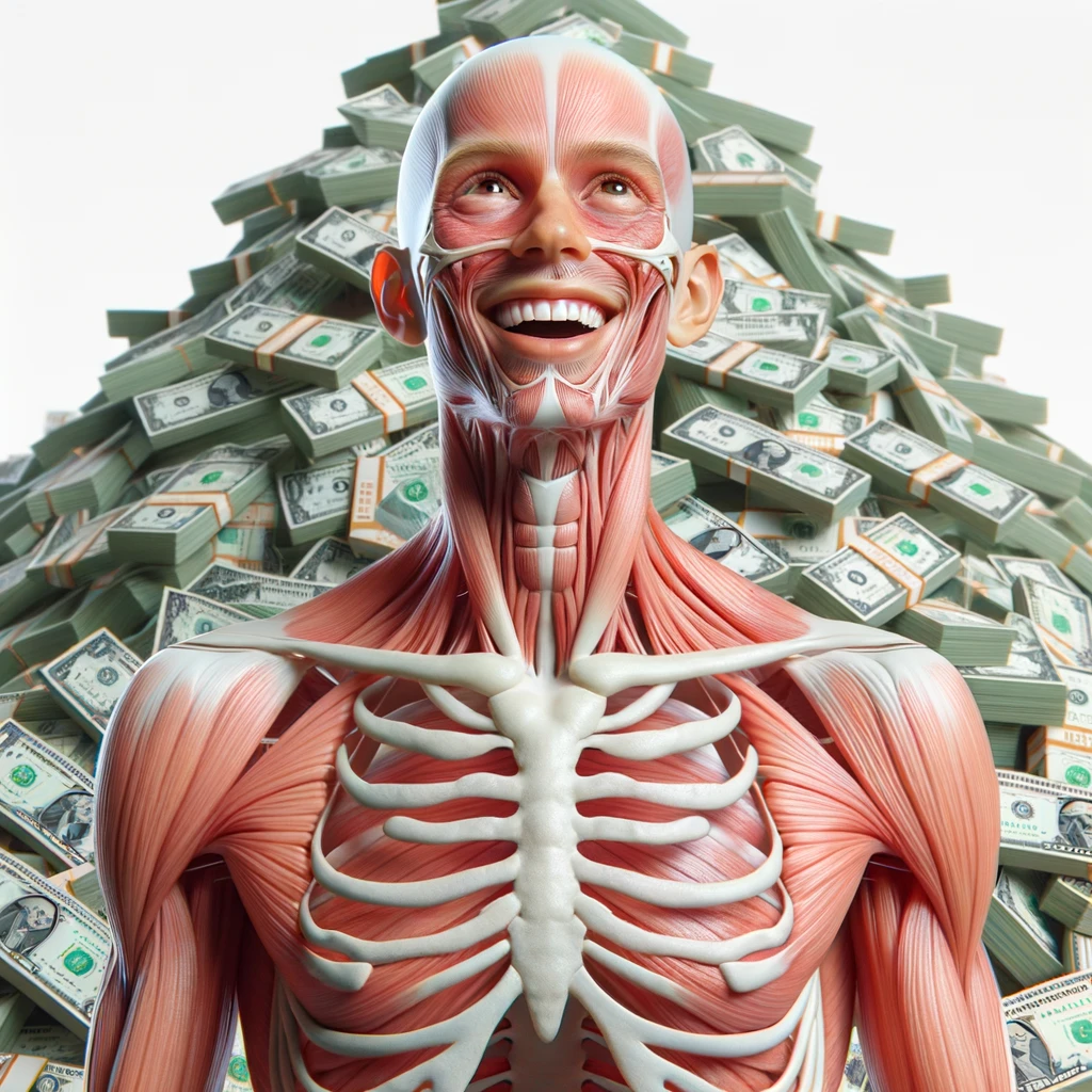 corpo umano anatomico sereno e felice con una montagna di banconote davanti, espressione stupita, iperrealistica 4k, isolato su sfondo bianco emoji