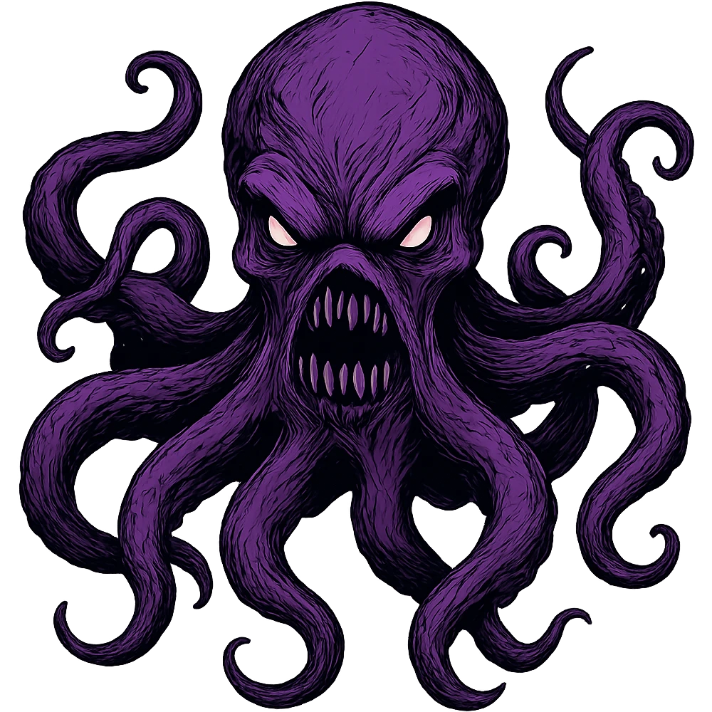 Remove the nose, make the octopus look scary, keep the purple color, with no background. Maintain the original style and details of the octopus while making it look scary and purple. emoji