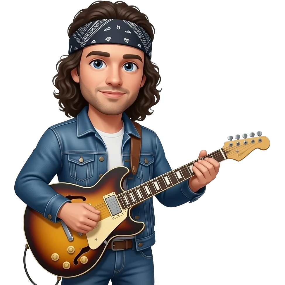 Caucasian man wearing bandana with long dark curly hair with jean jacket on playing electric guitar emoji