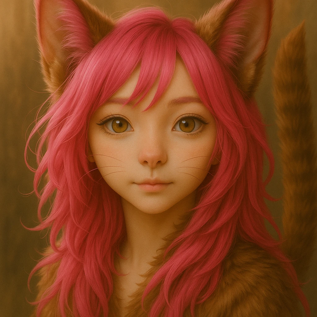 Change the hair to a lively pink color, preserving the realistic anime catgirl style and enhanced feline features, keeping the original artistic style. emoji