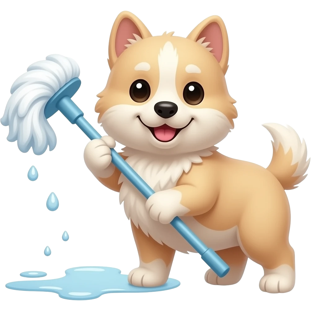 Ich hätte gerne einen süßen beige farbigen hund mit spitzen ohren und wuschel Fell der einen mop in den Pfoten hat und sauber macht emoji