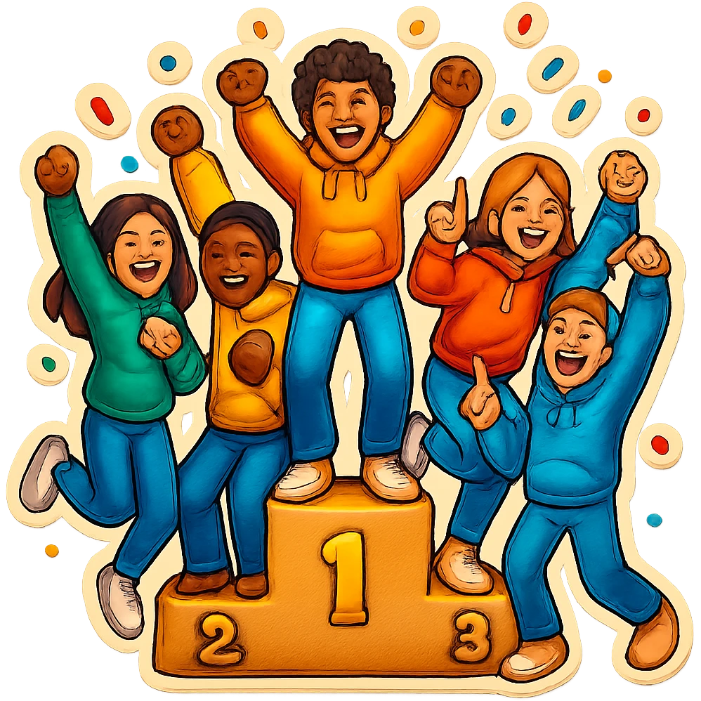 Change to a different pose and add confetti. Keep the group of five multi-racial people on a winners’ podium, no numbers, all in jeans and hoodies, excited, fun, expressive emoji style. emoji