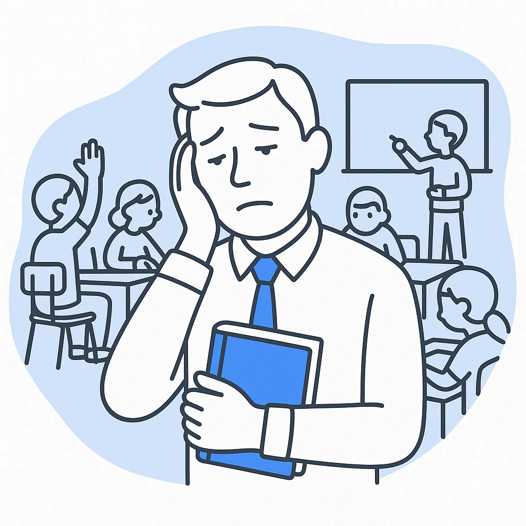 exhausted teacher in a bustling classroom emoji