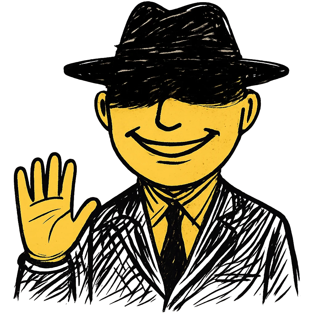 Make the shirt all black, keep the yellow cartoon man smiling with a black fedora whose shadow covers his eyes, preserve the original style, no background. emoji