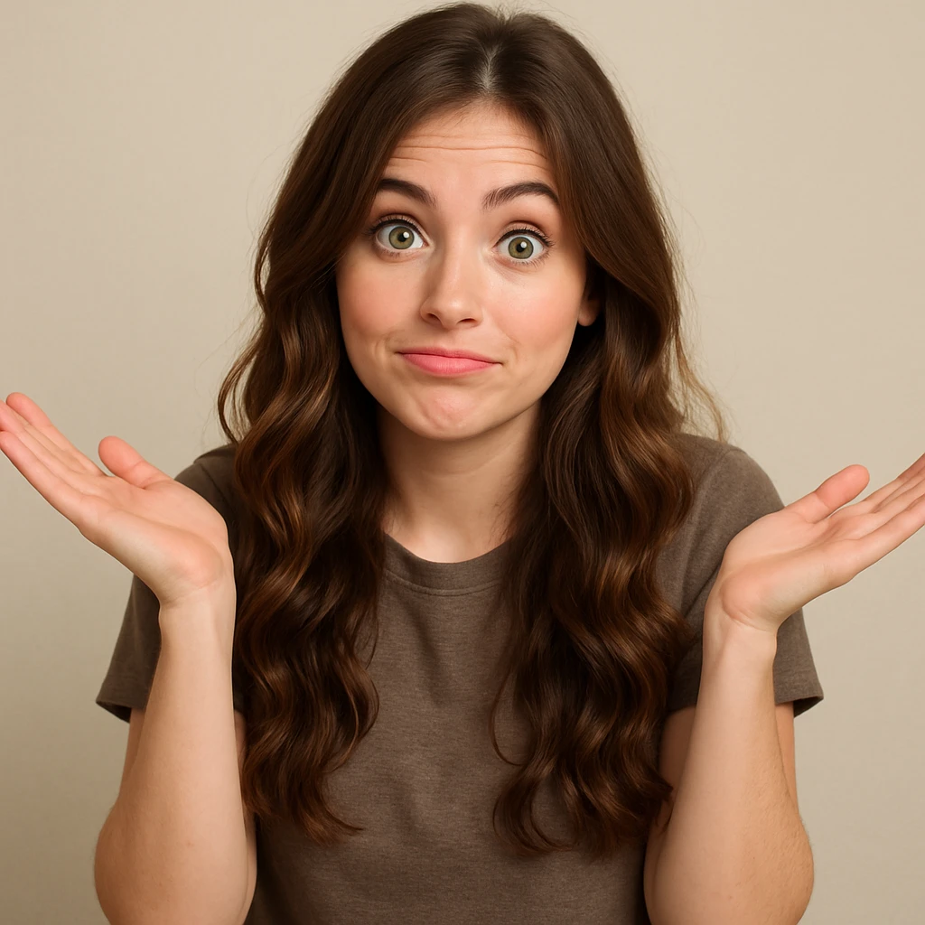 girl with long brown wavy hair, green eyes, shrugging, playful expression, upper body, simple background emoji